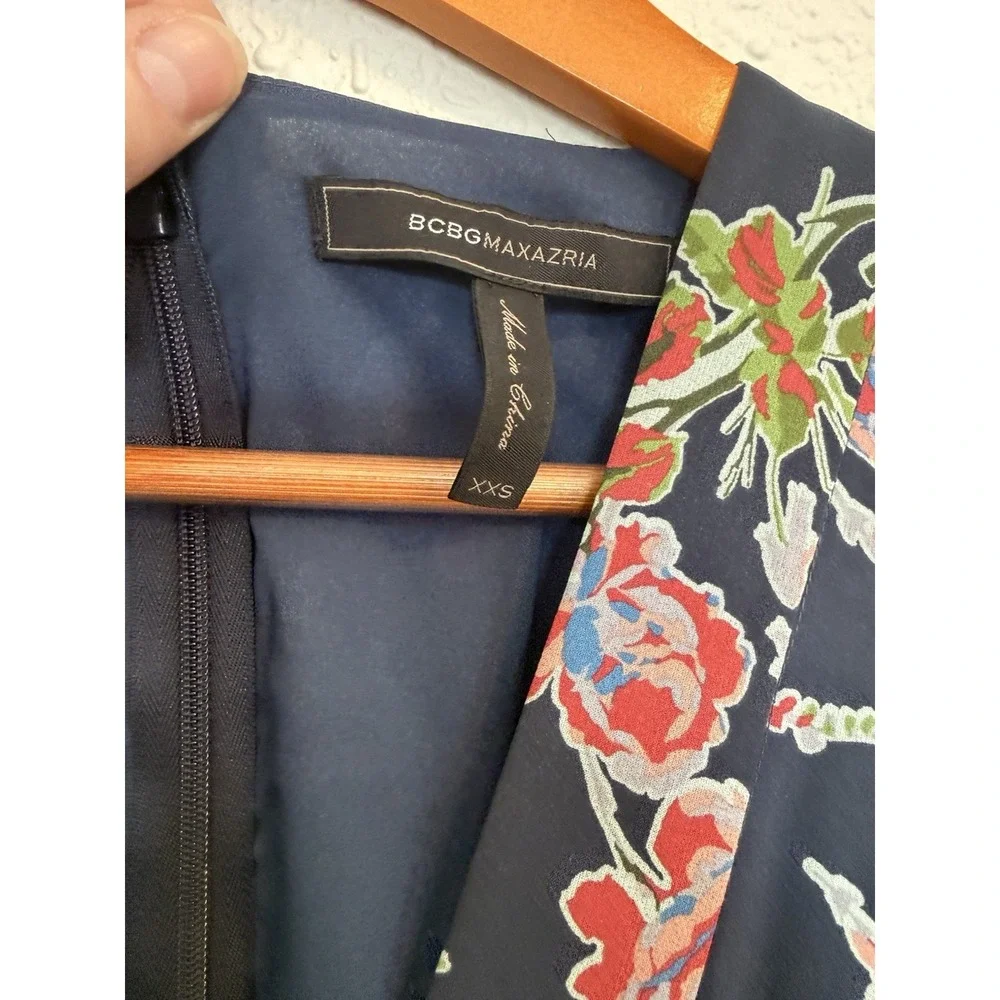 BCBGMAXAZRIA Navy Floral Silk Maxi Dress XXS Spring Wedding Guest Graduation